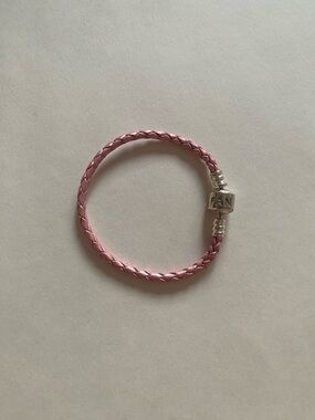 Pandora Pink Braided Leather Charm Bracelet with Silver Clasp